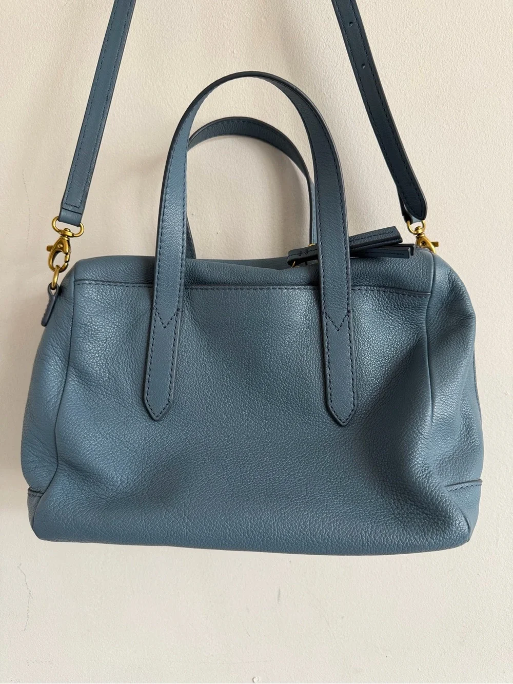Fossil Teal-Blue Pebbled Leather Satchel with Crossbody Strap